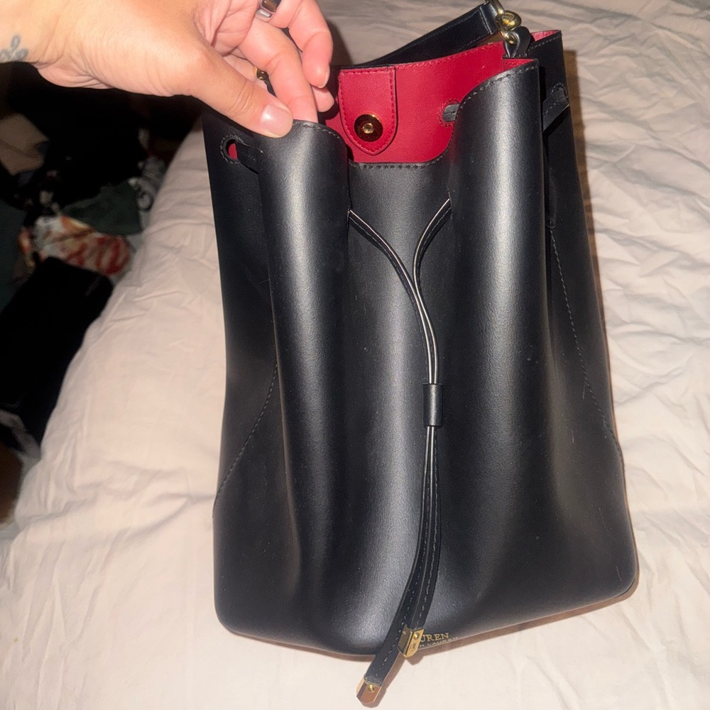 Ralph Lauren Black and Red Leather Handbag with Structured Design